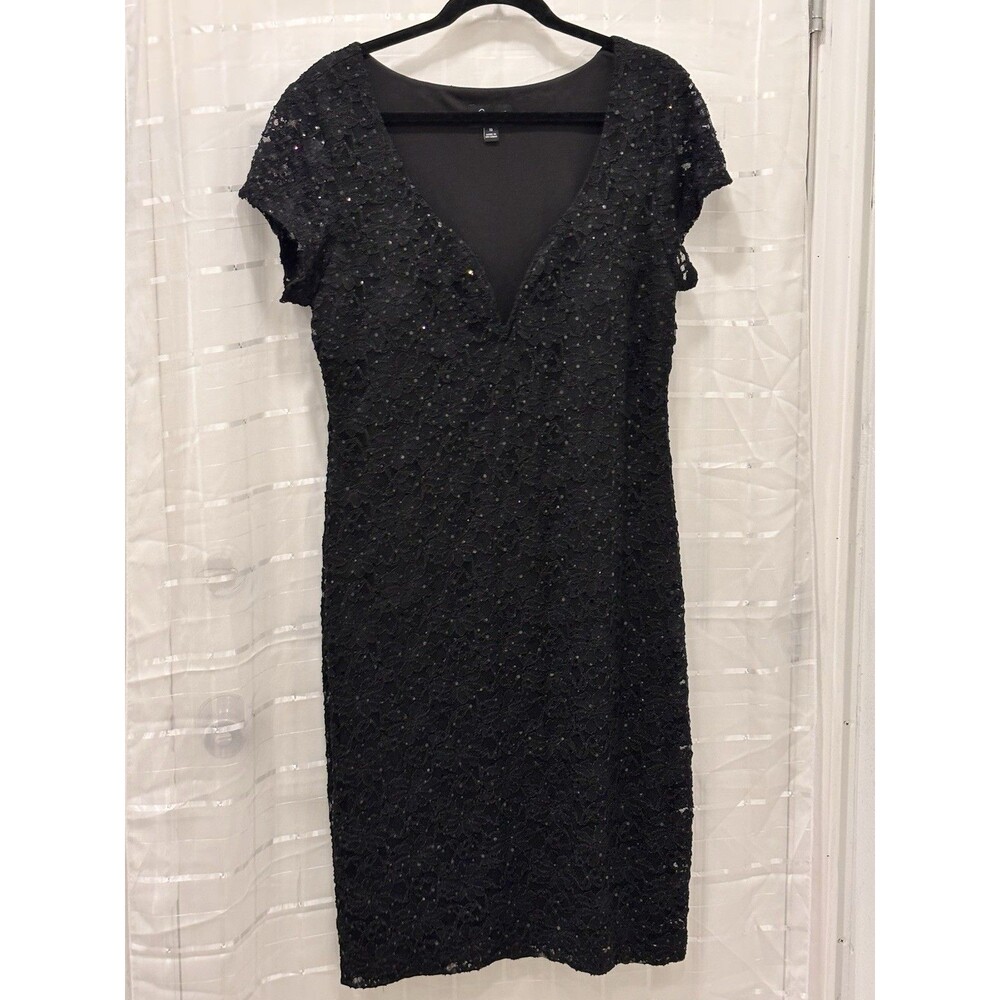 Connected Apparel Black Lace Sequin Dress Size 16 Cocktail‎ Evening V-Neck